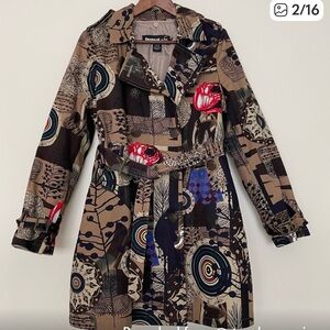 Desigual Mixed Print Belted Double Breast Removable Lining Trench Coat Jacket 42